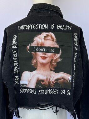 Bobbles & Lace Women’s “I Don’t Care”‎ Distressed Denim Jacket Black Size M/L